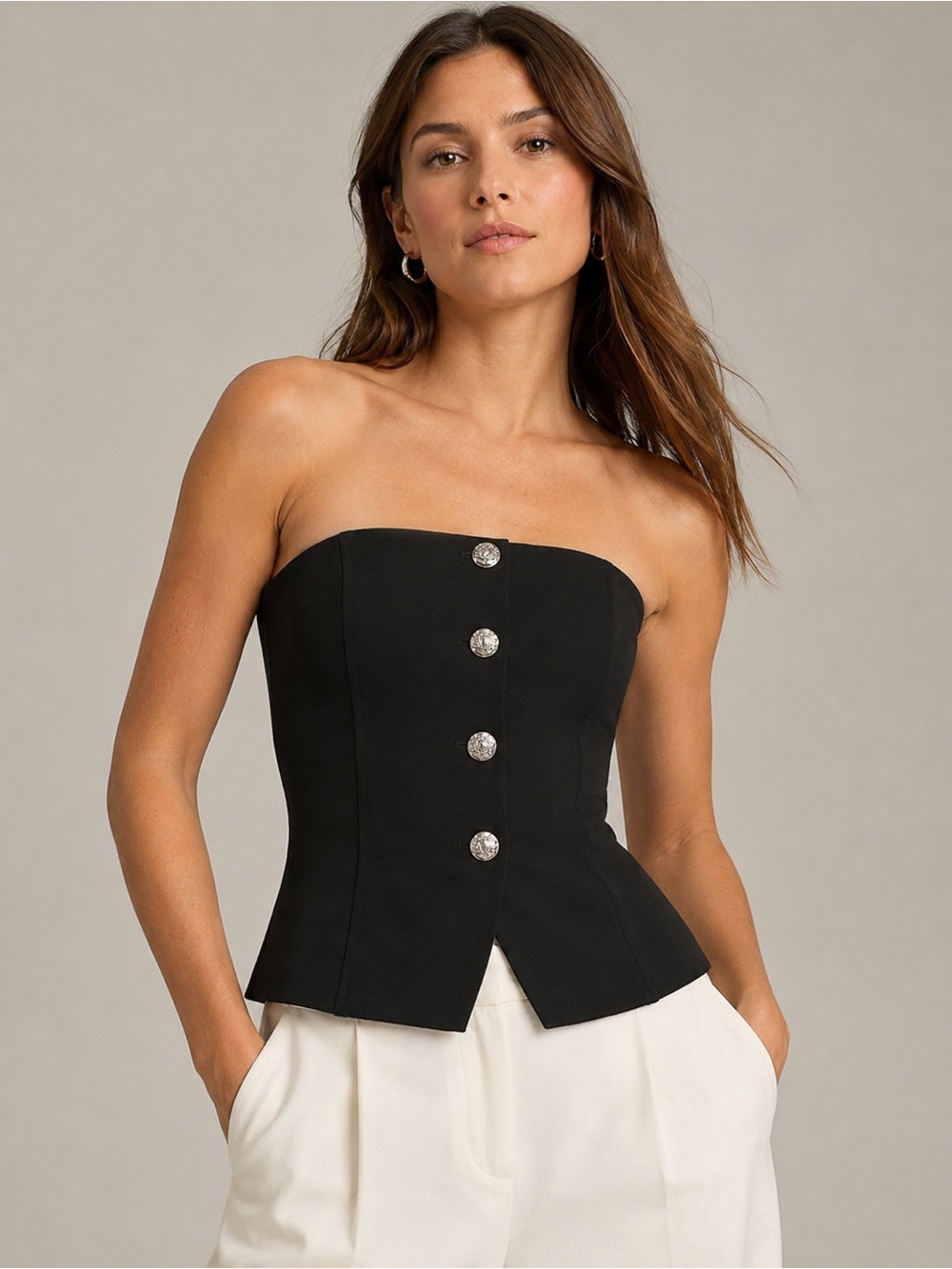 Veronica Beard Black Strapless Bustier Top with Silver Buttons